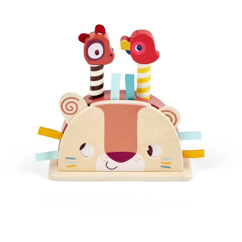 Gioco di abilità pop-up per neonati con animali in legno: i bastoncini, quando premuti, saltano, inoltre si possono muovere gli occhi del leone tirandogli le orecchie - perfetto per i neonati dai 12 mesi in su!